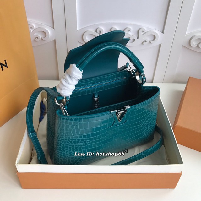 路易威登LV女包 M91698孔雀藍 Capucines小號手袋 鱷魚皮 LV手提肩背女包 xxlv1554